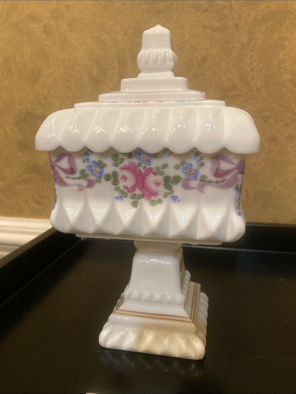 Westmoreland White Milk Glass Covered Pedestal Bowl with Gold Accents